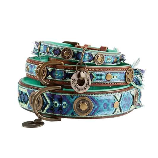 Chien portant un collier bohème Dog With A Mission bleu et turquoise, avec médaillon, sur fond rose – accessoire original et tendance pour chien.